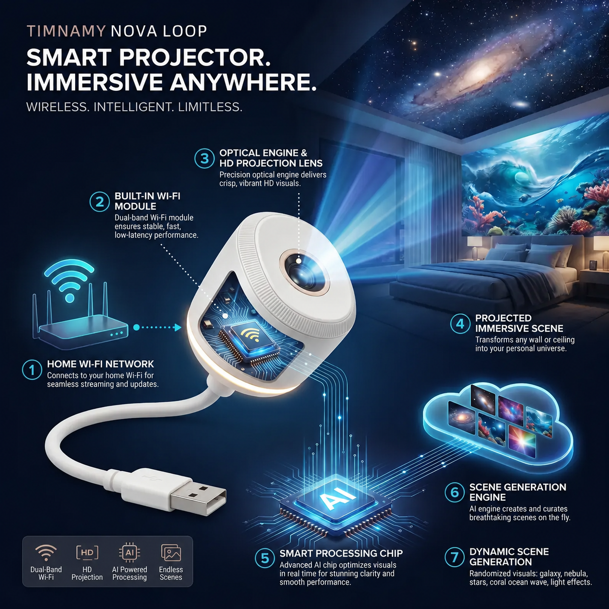 TIMNAMY®🌈☀️ NEXT-GEN SMART PROJECTION HD Smart Dynamic 5D Holographic Night Light Projector☀️