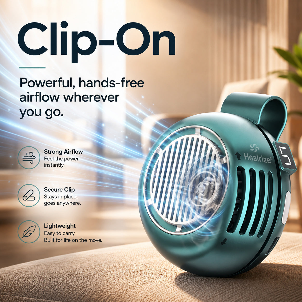 Healrize® Portable Bladeless Waist Clip Fan | Hands-Free USB Rechargeable Cooling Fan with 3 Speeds for Outdoor, Work & Travel🎁