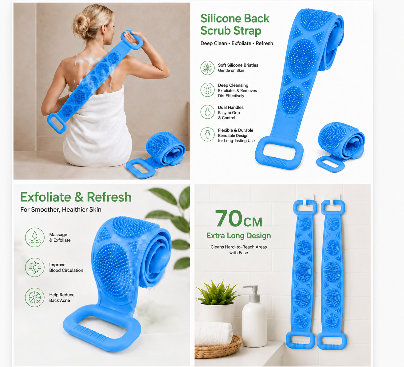 🐳 Healrize®  27.6" Dual-Sided Silicone Back Scrubber — Extra-Long Flexible Bath Strap with Easy-Grip Handles🐳