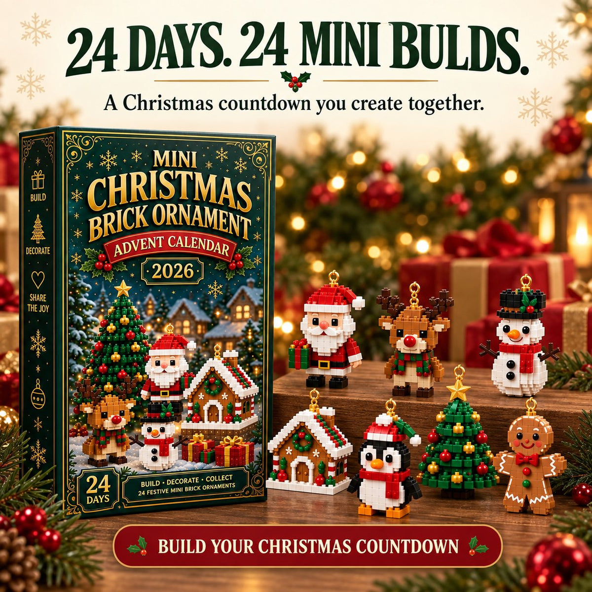 ⏳ Last day to save 49% – 🎄 24-Day Mini Christmas Ornament Advent Calendar | 24 unique festive buildable designs with hanging loops—perfect for decorating Christmas trees, wreaths, and holiday displays🎁